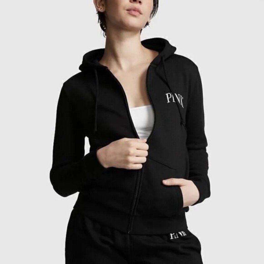 Victoria's Secret PINK Everyday Fleece Zip-Up Hoodie Sweatshirt Black Small